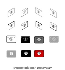 Set of Collection modern vector. Message Money icon multi type of 3d isometric, solid, line, scribble hatch, doodle, shadow isometric and a little colour on white background