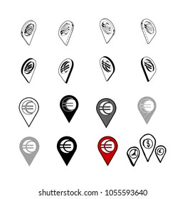 Set of Collection modern vector. Money Location icon multi type of 3d isometric, solid, line, scribble hatch, doodle, shadow isometric and a little colour on white background