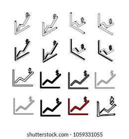 Set of Collection modern vector. Money Graph icon multi type of 3d isometric, solid, line, scribble hatch, doodle, shadow isometric and a little colour on white background
