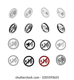 Set of Collection modern vector. No Sound icon multi type of 3d isometric, solid, line, scribble hatch, doodle, shadow isometric and a little colour on white background
