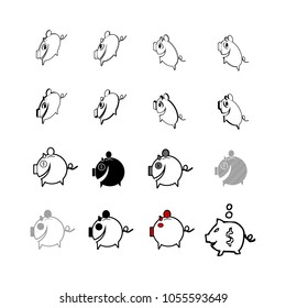 Set of Collection modern vector. Pig Money icon multi type of 3d isometric, solid, line, scribble hatch, doodle, shadow isometric and a little colour on white background