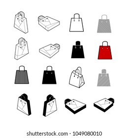 Set of Collection modern vector. Shopping bag icon multi type of 3d isometric, solid, line, scribble hatch, doodle, shadow isometric and a little colour on white background