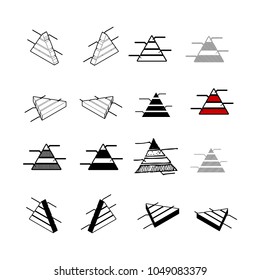 Set of Collection modern vector. Triangle chart icon multi type of 3d isometric, solid, line, scribble hatch, doodle, shadow isometric and a little colour on white background