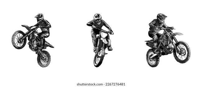 set collection of motocross rider silhouettes. black and white monochrome color, concept of sport, extreme, race, motorcycle. for sticker, print, etc. hand drawn vector illustration.