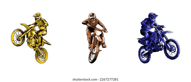 colección de siluetas de motocross. color monocromo. concepto de deporte, extremo, raza, motocicleta. para pegatinas, impresiones, etc. ilustraciones de vector dibujadas a mano.