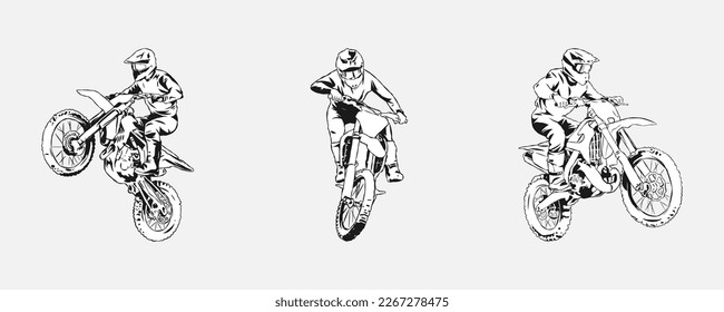 set collection of motocross rider silhouettes. black and white silhouette. concept of sport, extreme, race, motorcycle. for sticker, print, etc. hand drawn vector illustration.