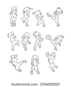 set of collection Muay Thai kick boxing, Thai boxing cute kid fighting action cartoon doodle vector illustration on white background 