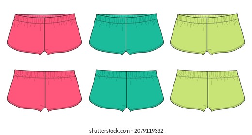 Set of collection Multi color Short pants overall technical fashion flat sketch Vector illustration template of men's and women's. Apparel cotton fabric sport shorts Pink, Green, Neon color mock up.