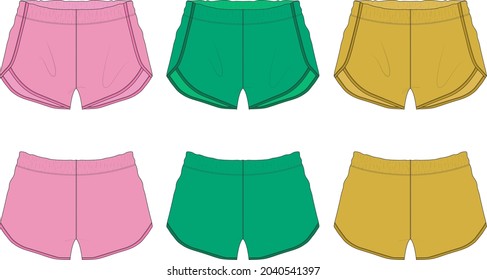 Conjunto de colección Multicolor Pantalones cortos en general moda técnica boceto plano Vector plantilla de ilustración de hombres y mujeres. Tejidos de tela de algodón con pantalones cortos color rosa, verde, amarillo se burlan.