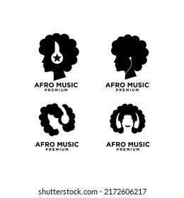 set collection music vector logo design curly hair woman using headphone