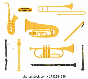 Set collection of musical instruments with different types, include: clarinet, oboe, saxophone, flute, trumpet, trombone, harmonica, tuba, bassoon and wooden flute. Musical instrument flat vector