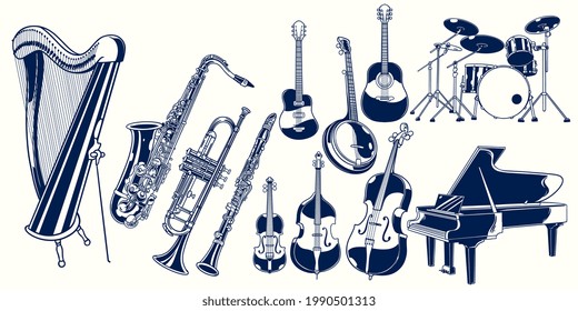 Set collection of musical instruments. Piano, violin, drum set, acoustic guitar, clarinet, trumpet, saxophone, banjo, double bass, harp, cello. Classical jazz instrument vector hand drawn illustration