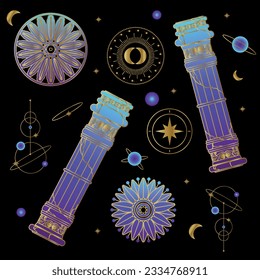 Set Collection Mystic Greek celestial celestial clipart. Set of brightly colored Symbols with gold. Cosmos and Universe. Esoteric objects with memory of the past.