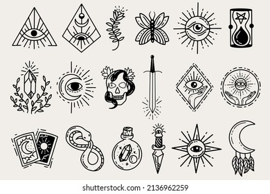 Set Collection Mystical Celestial Clipart Symbol space doodle Esoteric elements vintage illustration