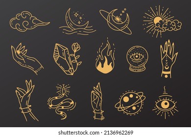 Set Collection Mystical Celestial Clipart Symbol space doodle Esoteric elements vintage illustration