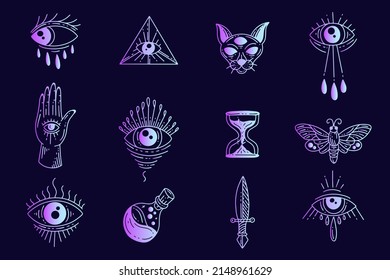 Set collection mystical celestial clipart symbol space doodle esoteric magic elements vintage illustration