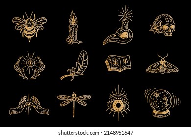 Set collection mystical celestial clipart symbol space doodle esoteric magic elements vintage illustration