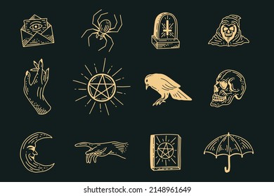 Set collection mystical celestial clipart symbol space doodle esoteric magic elements vintage illustration