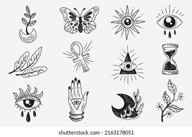 Set Collection Mystical Celestial Clipart Symbol space doodle Esoteric elements vintage illustration