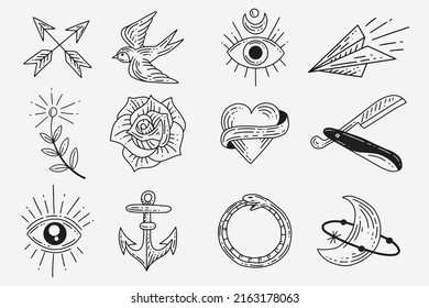 Set Collection Mystical Celestial Clipart Symbol space doodle Esoteric elements vintage illustration