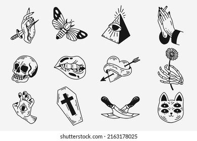 Set Collection Mystical Celestial Dark Holy Simple Minimalism Tattoo Clipart Symbol space doodle Esoteric elements vintage illustration