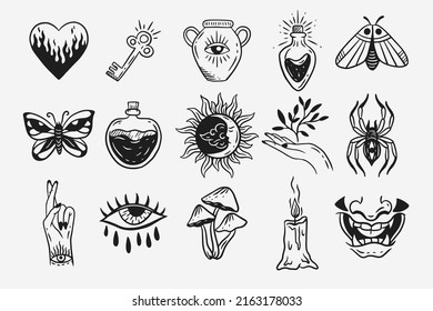 Set Collection Mystical Celestial Dark Holy Simple Minimalism Tattoo Clipart Symbol space doodle Esoteric elements vintage illustration