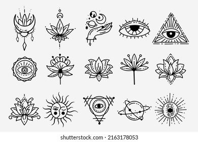 Set Collection Mystical Celestial Dark Holy Simple Minimalism Tattoo Clipart Symbol space doodle Esoteric elements vintage illustration