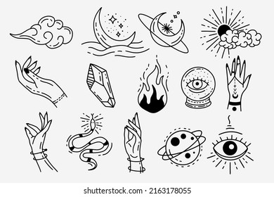 Set Collection Mystical Celestial Dark Holy Simple Minimalism Tattoo Clipart Symbol space doodle Esoteric elements vintage illustration