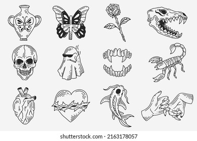 Set Collection Mystical Celestial Dark Holy Simple Minimalism Tattoo Clipart Symbol space doodle Esoteric elements vintage illustration