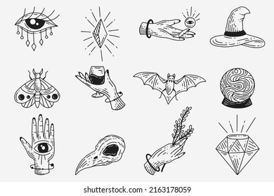 Set Collection Mystical Celestial Dark Holy Simple Minimalism Tattoo Clipart Symbol space doodle Esoteric elements vintage illustration