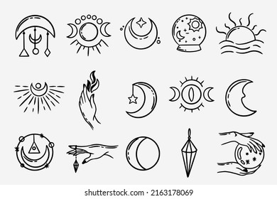 Set Collection Mystical Celestial Dark Holy Simple Minimalism Tattoo Clipart Symbol space doodle Esoteric elements vintage illustration