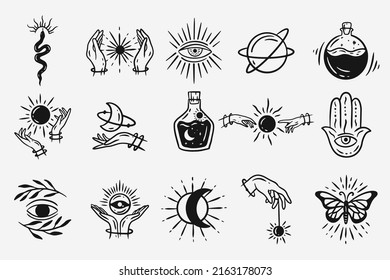 Set Collection Mystical Celestial Dark Holy Simple Minimalism Tattoo Clipart Symbol space doodle Esoteric elements vintage illustration