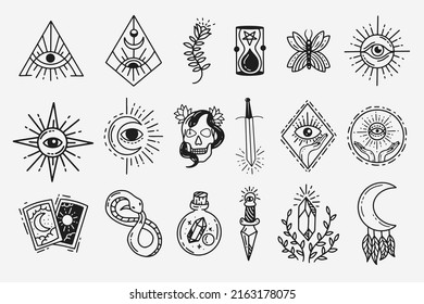 Set Collection Mystical Celestial Dark Holy Simple Minimalism Tattoo Clipart Symbol space doodle Esoteric elements vintage illustration