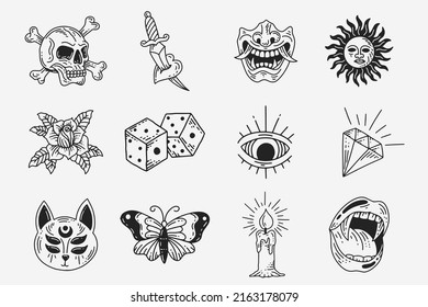 Colección Colección Mystical Celestial Dark Sagrado Minimalismo Tatto Clipart Símbolo espacio doodle Elementos estotéricos ilustración vintage