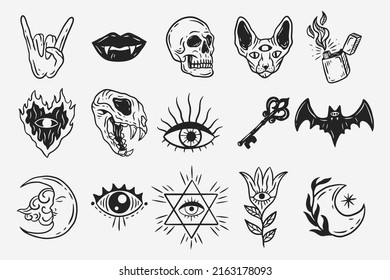 Set Collection Mystical Celestial Dunkel Heiliger einfacher Minimalismus Tattoo Clip Art Symbol Raum doodle Esoteric Elemente Vintage Illustration