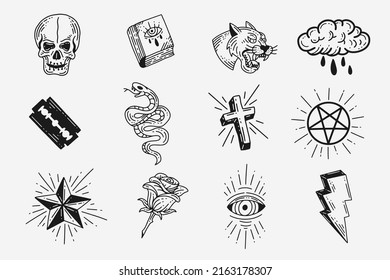 Set Collection Mystical Celestial Dark Holy Simple Minimalism Tattoo Clipart Symbol space doodle Esoteric elements vintage illustration