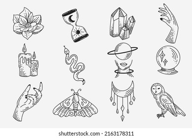 Set Collection Mystical Celestial Dark Holy Simple Minimalism Tattoo Clipart Symbol space doodle Esoteric elements vintage illustration