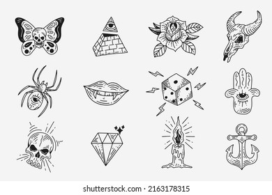 Set Collection Mystical Celestial Dark Holy Simple Minimalism Tattoo Clipart Symbol space doodle Esoteric elements vintage illustration
