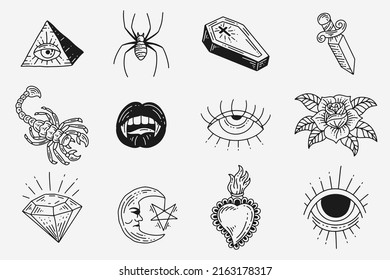 Set Collection Mystical Celestial Dark Holy Simple Minimalism Tattoo Clipart Symbol space doodle Esoteric elements vintage illustration