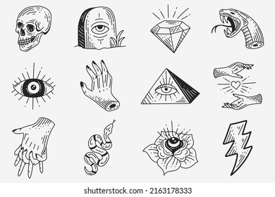 Set Collection Mystical Celestial Dark Holy Simple Minimalism Tattoo Clipart Symbol space doodle Esoteric elements vintage illustration