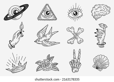 Set Collection Mystical Celestial Dark Holy Simple Minimalism Tattoo Clipart Symbol space doodle Esoteric elements vintage illustration