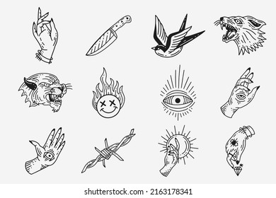 Set Collection Mystical Celestial Dark Holy Simple Minimalism Tattoo Clipart Symbol space doodle Esoteric elements vintage illustration