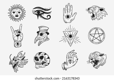 Set Collection Mystical Celestial Dark Holy Simple Minimalism Tattoo Clipart Symbol space doodle Esoteric elements vintage illustration