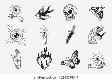 Set Collection Mystical Celestial Dark Holy Simple Minimalism Tattoo Clipart Symbol space doodle Esoteric elements vintage illustration