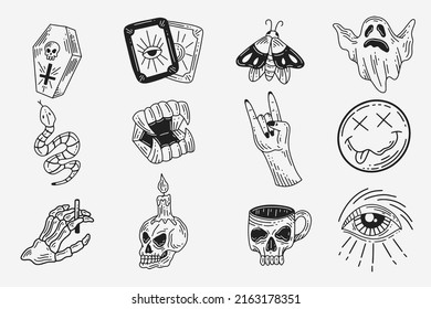 Set Collection Mystical Celestial Dark Holy Simple Minimalism Tattoo Clipart Symbol space doodle Esoteric elements vintage illustration
