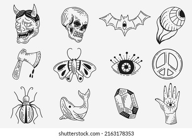 Set Collection Mystical Celestial Dark Holy Simple Minimalism Tattoo Clipart Symbol space doodle Esoteric elements vintage illustration