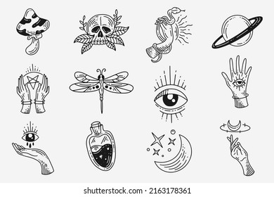 Set Collection Mystical Celestial Dark Holy Simple Minimalism Tattoo Clipart Symbol space doodle Esoteric elements vintage illustration