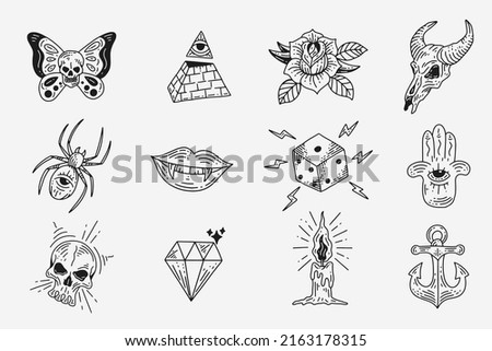 Set Collection Mystical Celestial Dark Holy Simple Minimalism Tattoo Clipart Symbol space doodle Esoteric elements vintage illustration