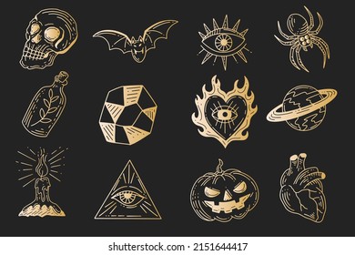 Set Collection Mystical Celestial Simple Minimalism Tattoo Clipart Symbol space doodle Esoteric elements vintage illustration