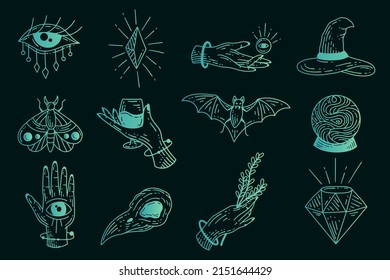 Set Collection Mystical Celestial Simple Minimalism Tattoo Clipart Symbol space doodle Esoteric elements vintage illustration